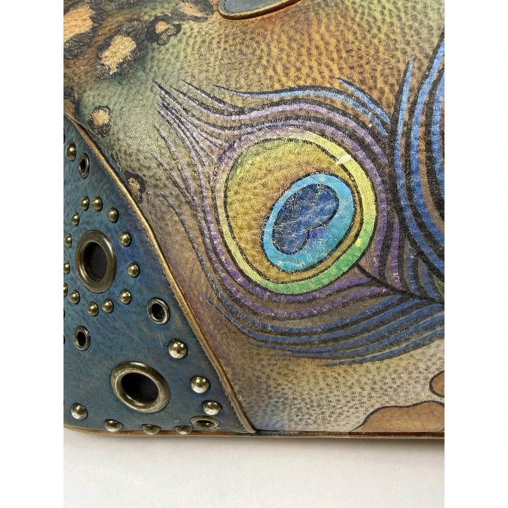 Anuschka peacock feather satchel bag studded blue hand painted signed art purse